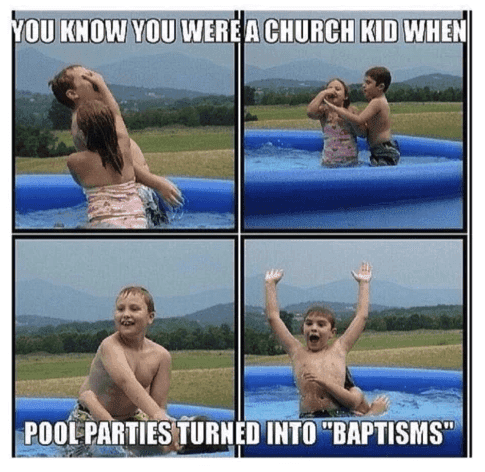A child announcing the pool is closed because of baptisms.