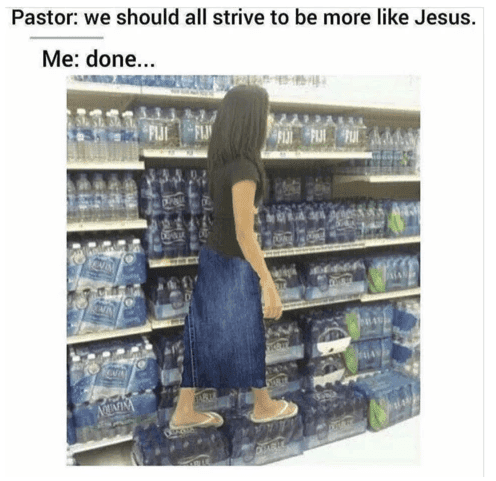 A girl walking across a floor covered in water bottles like Jesus on water.
