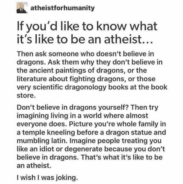 A note explaining atheism as disbelief in a widely accepted dragon.