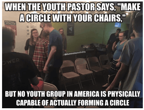 A youth group standing in a prayer circle.